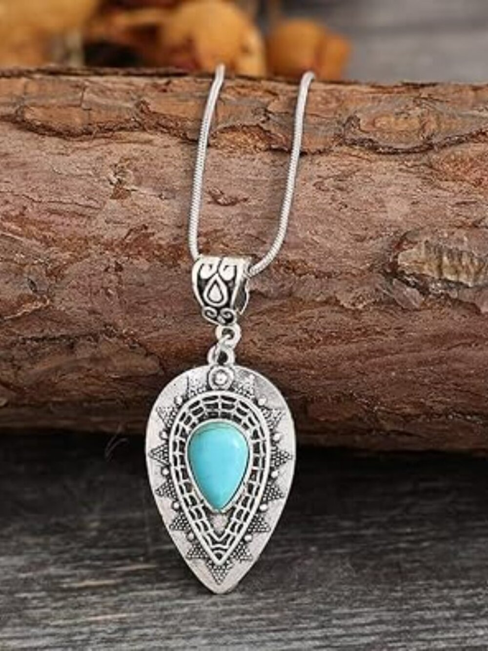 New Natural Turquoise Necklace Boho Bead Silver Teardrop Statement Pendant - Picture 3 of 4